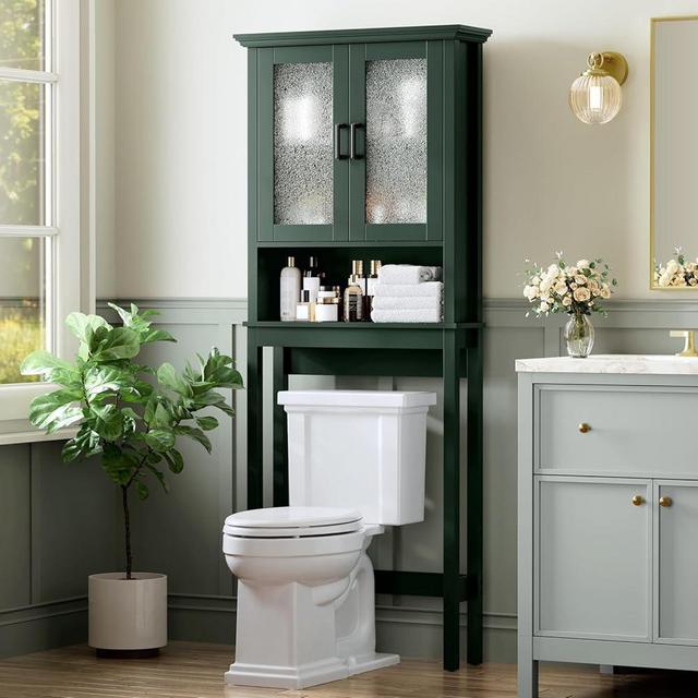 Baztin Over The Toilet Storage Cabinet, Over Toilet Storage with Glass Doors and Adjustable Shelf, Thicken Frame Above The Toilet Storage Cabinet Behind The Toilet Bathroom Organizer, Forest Green