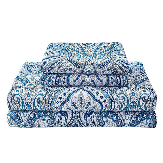 Blue Paisley Printed Bed Sheets King Size, Floral Sheet Set King, Brushed Microfiber Fitted Sheet with 15" Deep Pocket, Blue Flower Sheet & Pillowcase Sets