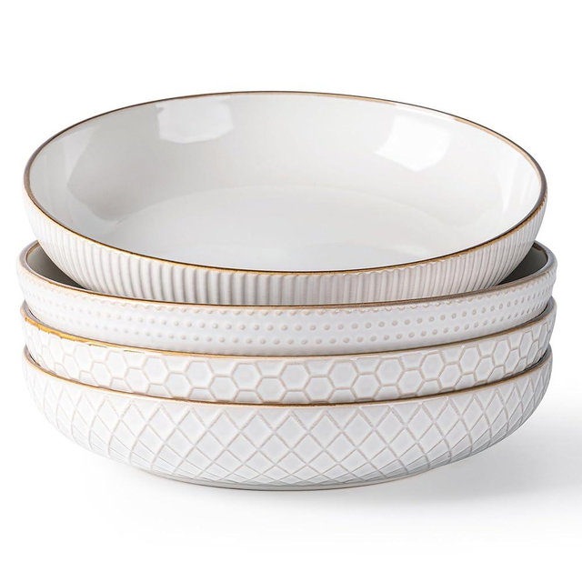GBhome 8.5'' Large Pasta Bowls, 36 Ounce Stoneware Salad Bowls for Kitchen, Ceramic Serving Bowls With Textured Pattern for Pasta,Fruit, Stews,Noodle, House-warming Gift,Set of 4-Off White