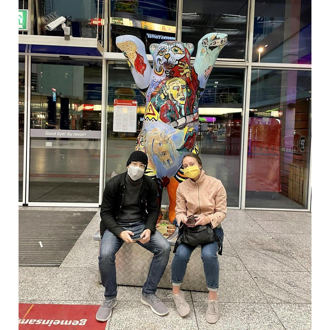 Giving our feet a rest in Berlin, Germany.