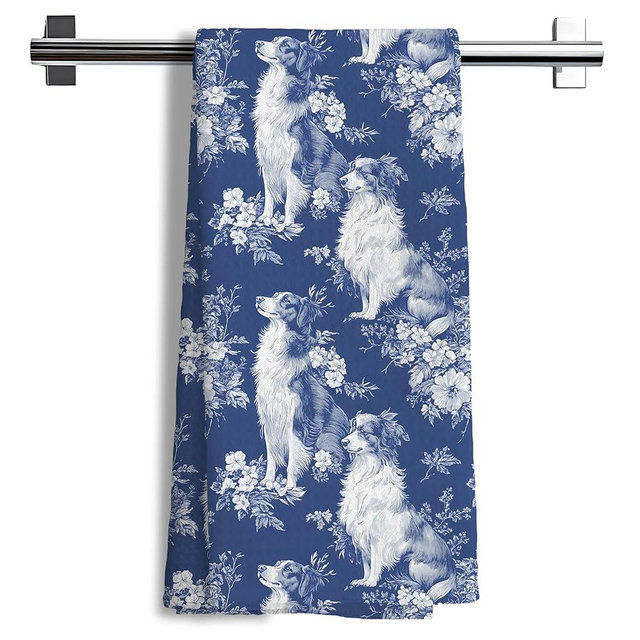 Nipil Chinoiserie Border Collie Kitchen Towels,Blue and White Floral Border Collie Decorative Dish Tea Towels,Grandmillennial Dog Hand Towels for Kitchen Bathroom, Border Collie Gifts,16x24 Inch