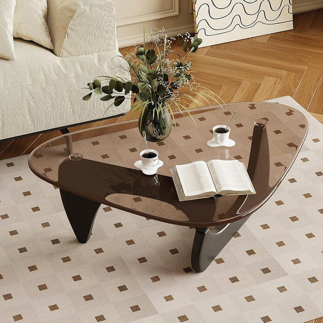 JCAJCA Glass Coffee Table for Living Room Mid Century Modern Triangle Center Table with Wooden Base, Brown/Black