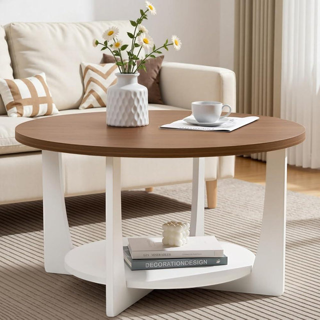 BECHAEO 31.5'' Round Coffee Table with Solid Wood Pine Legs, 2-Tier Rustic Round Coffee Table with Storage Shelf, Modern Wood Circle Coffee Table Farmhouse Center Table for Living Room, Walnut White