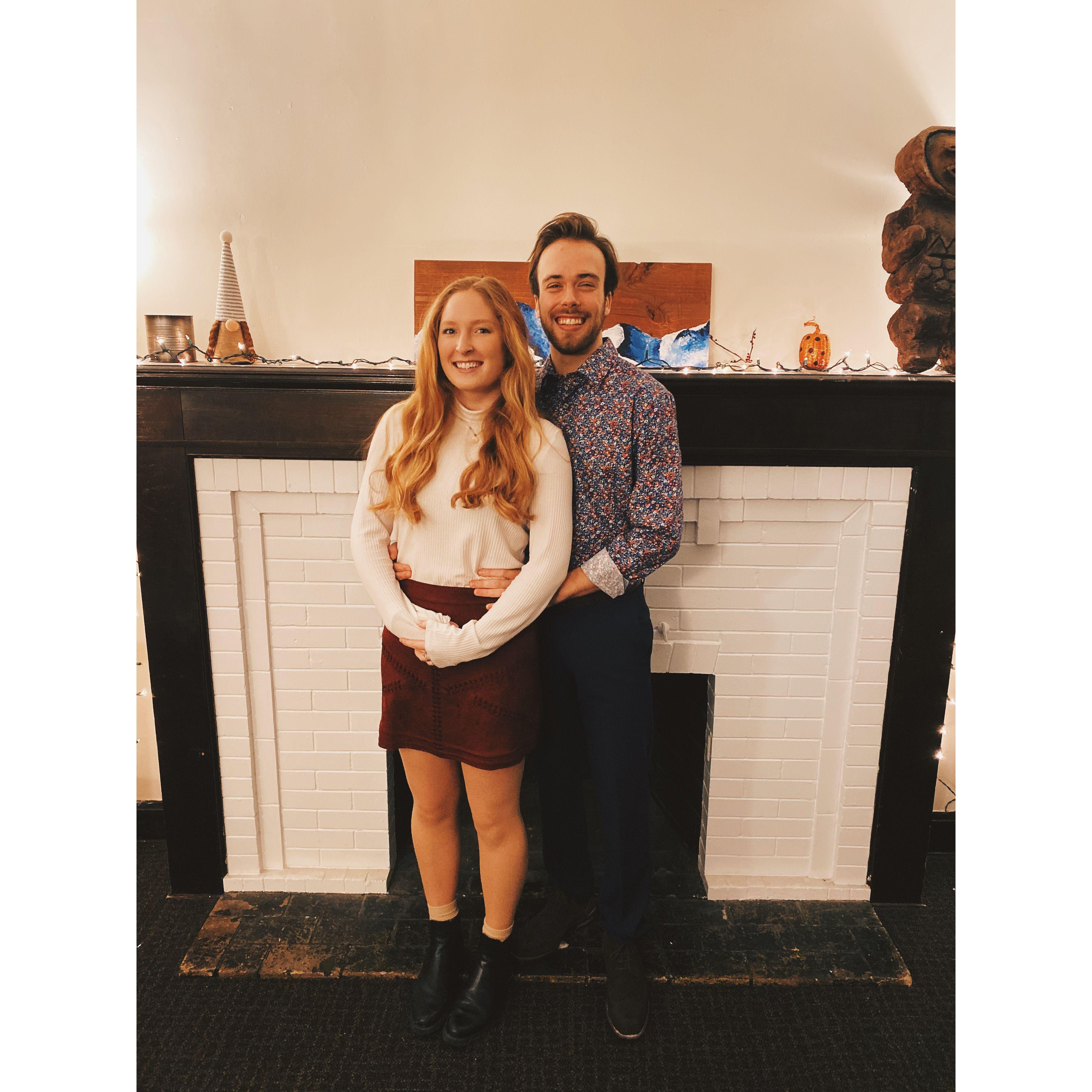 A classic fireplace photo before a Valentine's Day date in college.