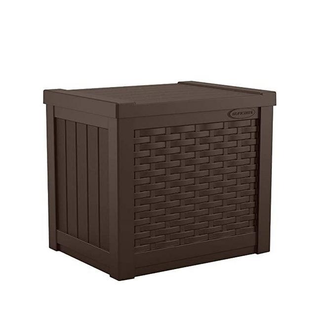 Suncast 22-Gallon Small Deck Box - Lightweight Resin Indoor/Outdoor Storage Container and Seat for Patio Cushions and Gardening Tools - Store Items on Patio, Garage, Yard - Java Brown
