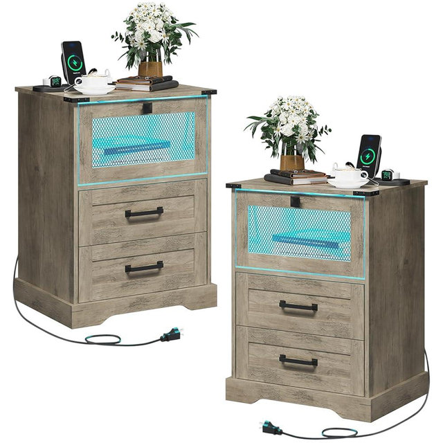 Hasuit Farmhouse Night Stand Set of 2 with LED Lights and Charging Station, Rustic Oak Nightstand with 2 Drawers, and Cubby with Wire Mesh Door, Bedside End Table for Bedroom