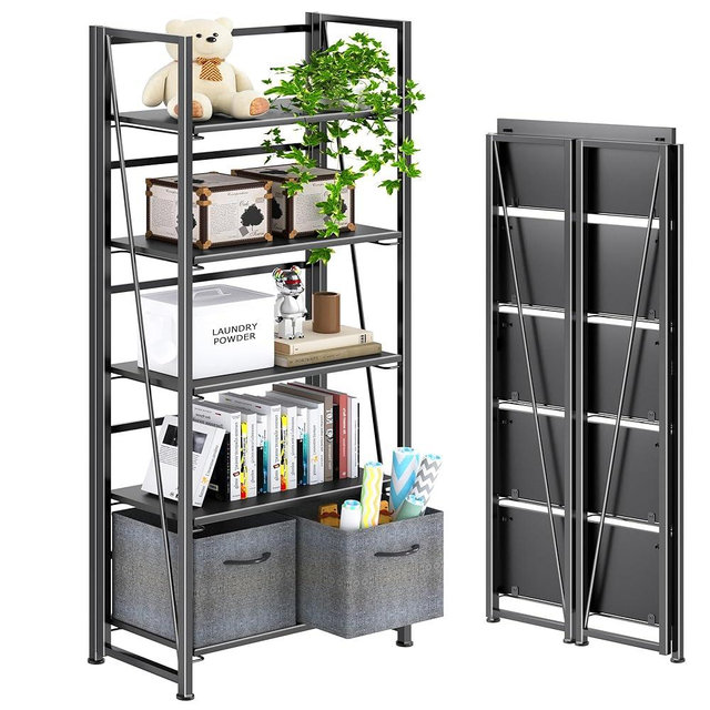 4NM No Assembly Foldable Bookshelf, 5-Shelf Collapsible Bookcase Storage for Small Spaces, 62.2" H, All Black