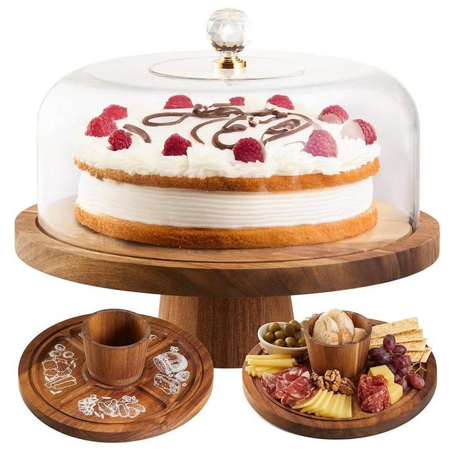 BRONYPRO Acacia Wood Cake Stand with Dome Lid – 12" Wooden Cake Display Stands with Hand-Carved & Hand-Painted Design, Cake Plate with Cover & Charcuterie Board for Wedding Birthday Party Celebration