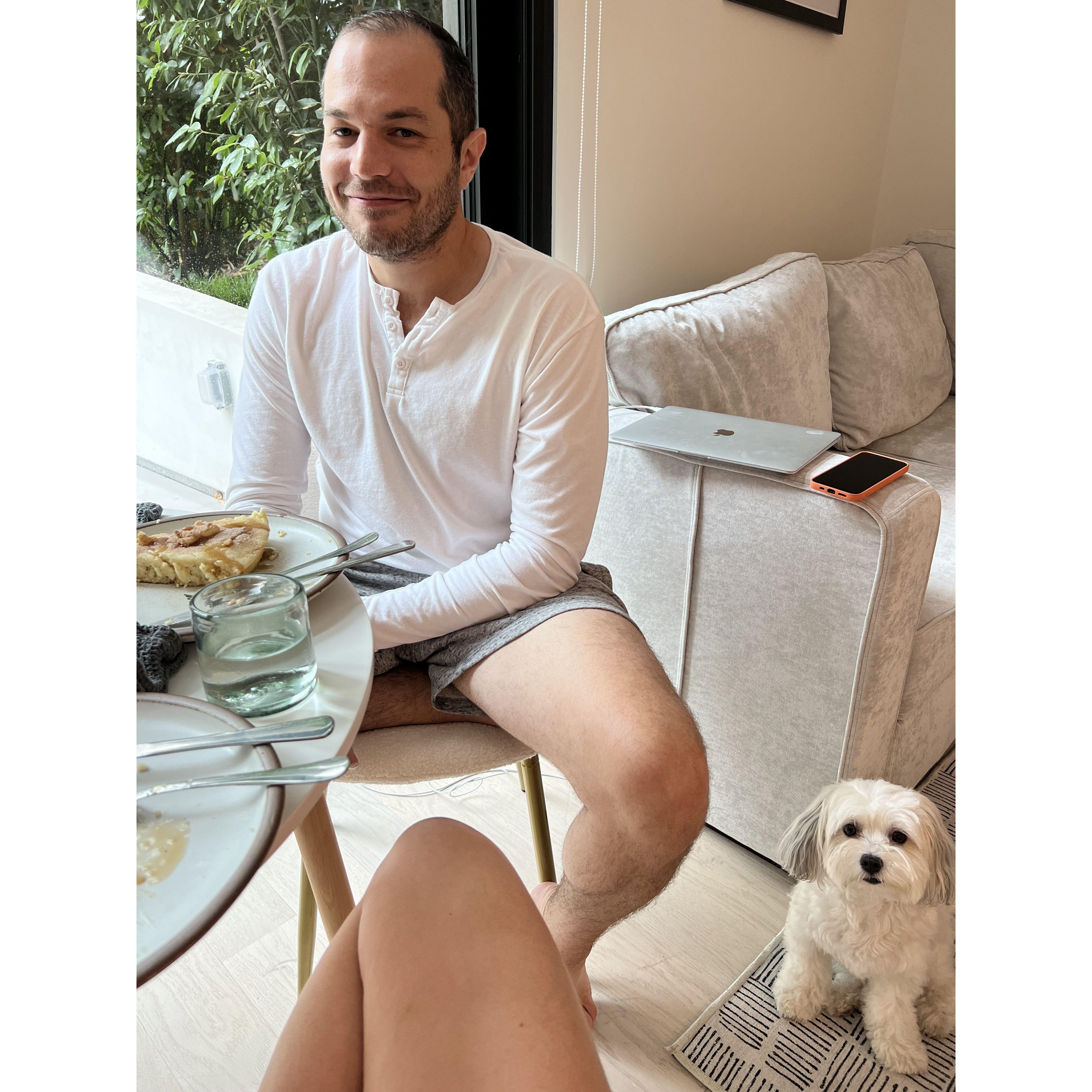 Once Sam made Michelle a pancake the size of a large pizza. It was awesome. The dog in the bottom corner isn't real. Santa Monica, California.