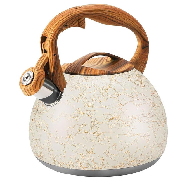 Foedo 3.2 Quart Whistling Tea Kettle Stovetop, Stainless Steel Tea pot with Wood Grain Handle, Loud Whistle Kettle for Boiling Water, Coffee & Milk, Easy-Pour Spout Classic Design (Off-white)