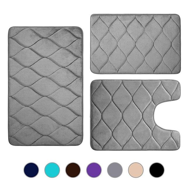 Colorxy Memory Foam Bathroom Rugs - Water Absorbent, Super Soft Non-Slip Bath Mat, Washable Ogee Design Bathroom Mat Set of 3, Small/Large/Contour, Grey