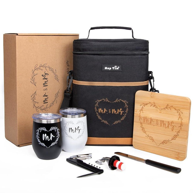 Hap Tim Wedding Gifts for Couples, Bridal Shower Gifts, Engagement Gifts for Newlyweds, Mr and Mrs Gifts - Wine Cooler Bag Insulated Wine Carrier Tote with Tumblers, Bamboo Cheese Borad (13624-G1)
