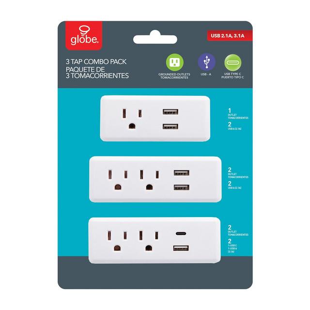 Globe Electric 3-Tap Combo Pack in White with USB-A and USB-C Ports