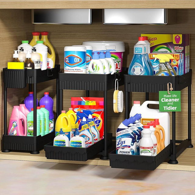 Sevenblue 3 Pack Under Sink Organizers, 2-Tier Multi-Use Kitchen and Bathroom Organizers and Storage with Sliding Drawers，Bathroom Cabinet Organizer (Black, 14.8 Inch)
