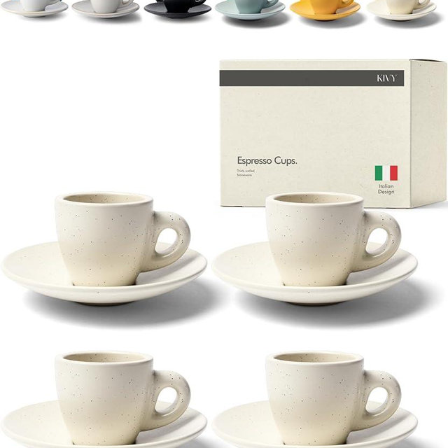 KIVY 3 oz Espresso cups set of 4 - Thick walled stoneware espresso cup set - Italian style espresso cups and saucers - Demitasse cups set of 4 - Espresso mugs - Demitasse cups and saucers sets