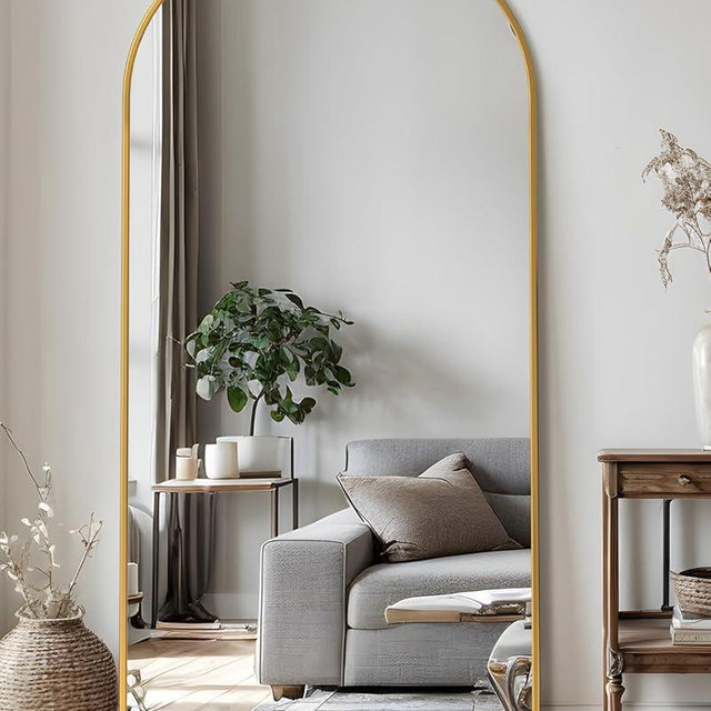 LadyNow Full Length Mirror, 71"x32" Arched Floor Mirror Freestanding, Oversized Floor Standing Mirror Full Body Mirror with Stand for Bedroom, Hanging Mounted Mirror for Living Room Cloakroom, Gold