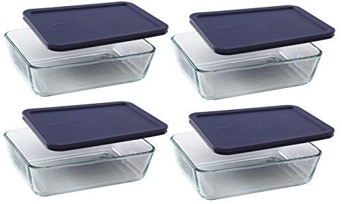 Pyrex Storage 6-Cup Rectangular Dish with Dark Blue Plastic Cover, Clear, Box of 4 Containers …