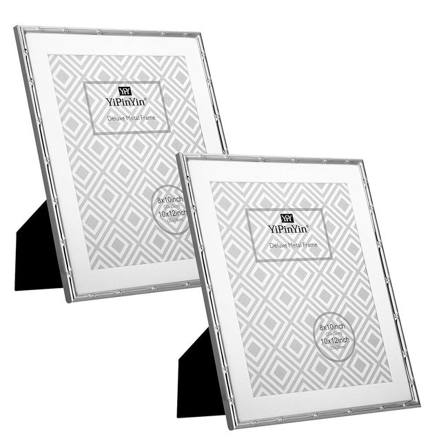 YiPinYin 10x12''Bamboo Detail Silver Metal Photo Frame with Acid Free Mat for 8x10'' Set of 2,Elegant Narrow Plated Photo Frames 10x12'' With Velvet Backing for Desktop and Wall Décor