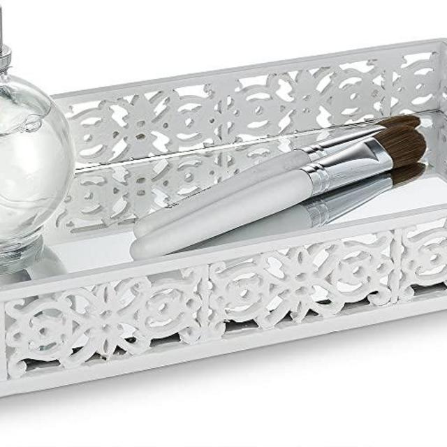 DWËLLZA HOMË Vanity Shelf Mirror Tray for Dresser (11" x 6.12" x 1.6") – Decorative Cosmetics Organizer- Durable Resin- Best Trays for Arranging Perfume Jewelry Makeup (White-Mirror Janette)