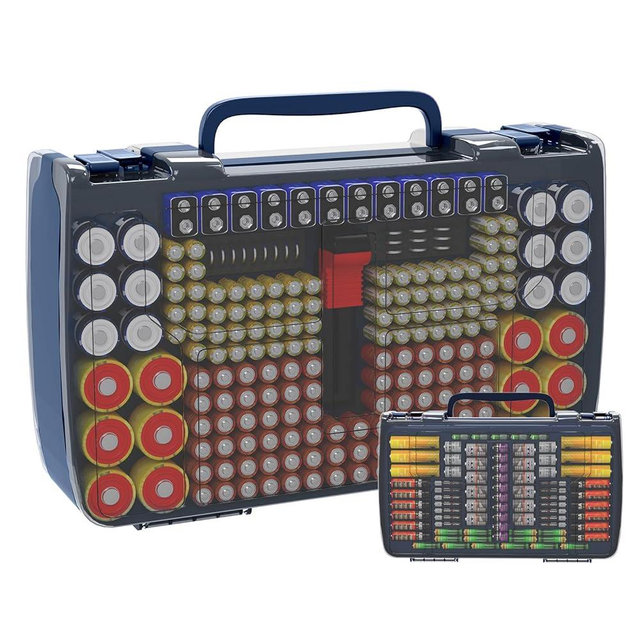 Aptbyte Battery Organizer Storage Holder Box Case with Tester- 269 Batteries Double-Sided Variety Pack, Holds AA AAA 4A C D Cell 9V 3V Lithium LR44 CR2 CR123 CR1632 18650 Button- Blue (Box Only)