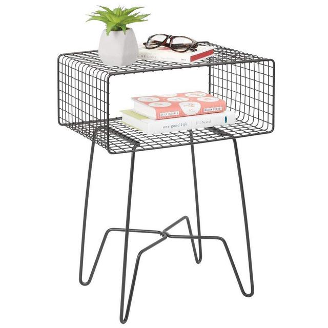 mDesign Modern Farmhouse Side/End Table - Metal Grid Design - Open Storage Shelf Basket, Hairpin Legs - Sturdy Vintage, Rustic, Industrial Home Decor Accent for Living Room, Bedroom - Graphite Gray