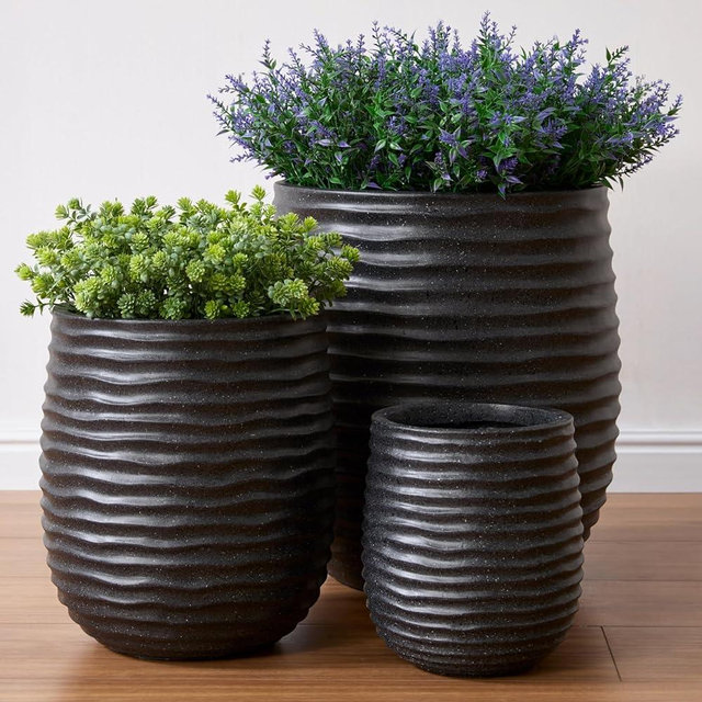 15”+11”+7.9” Dia Round Concrete Planter Set of 3, Flowerpot with Wavy Texture, Large Outdoor Planters with Drainage Hole, Sealing Plug, Plant Container for Garden, Patio, Home, Office, Black