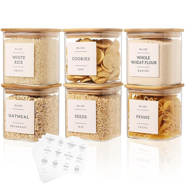 6 Pack Square Glass Pantry Storage Containers with 132 Kitchen Food Pantry Labels - 24 floz Clear Glass Pantry Jars with Airtight Wood Bamboo Lids - Glass Canisters for Sugar, Cereal, Coffee, Spice