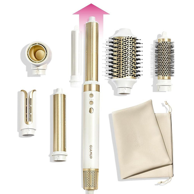GLAMUP® 6 in 1 Hot Air Styler, Upgraded Long Barrel, Round Brush, Powerful High Speed Dryer, Tight Grip, Curling Volumizing Gift Set with Travel Bag