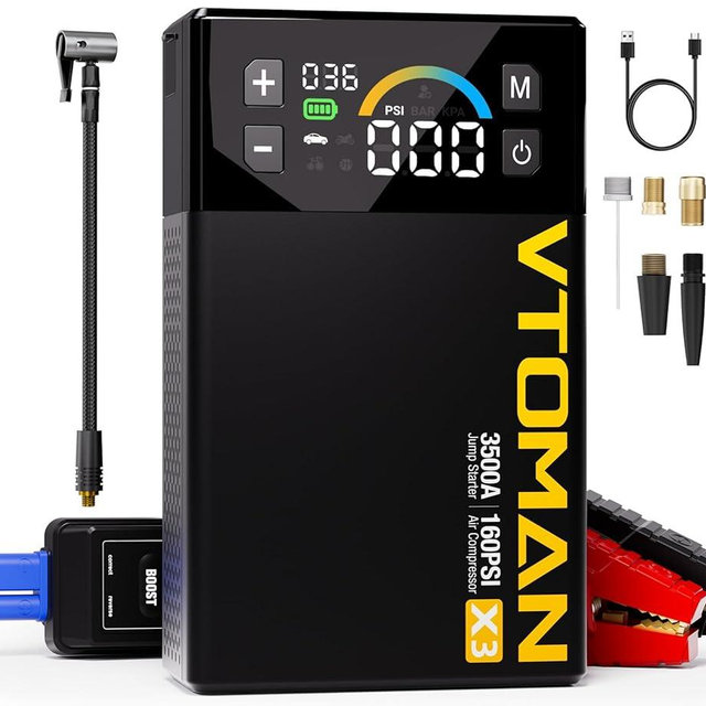 VTOMAN X3 Jump Starter with Air Compressor, 3500A Portable Car Battery Jumper Starter (9L Gas/8.5L Diesel Engines) with 160PSI Auto-Shutoff Tire Inflator, 12V Lithium Battery Booster Pack, Jump Box