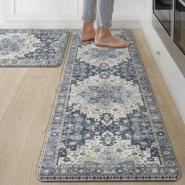 GENIMO Kitchen Mats for Floor 2PCs, Washable Anti Fatigue Mat for Cushioned, 17.3"x59"+17.3"x30", Waterproof Kitchen Rugs, Non Slip Comfort Standing Mat Rug for Home, Sink, Laundry, Center Blue