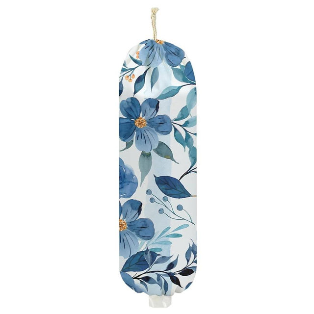 Flowers Plastic Bag Holder 22.5x9 Inch, Blue Floral Wall Mount Grocery Bag Holder for Plastic Bags, Washable Grocery Bags Storage Dispenser for Home Kitchen Pantry Decor, Flower Gifts for Women