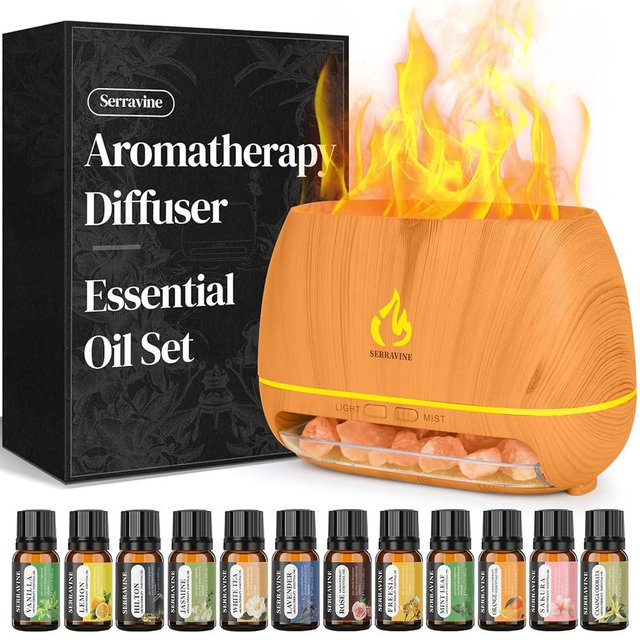 Ultrasonic Essential Oil Diffuser Set with 12 Best Aromatherapy Oils, Gift Box & Bag, Himalayan Salt Lamp Diffuser，Cool Mist Humidifier for Bedroom, Scent Diffusers for Home
