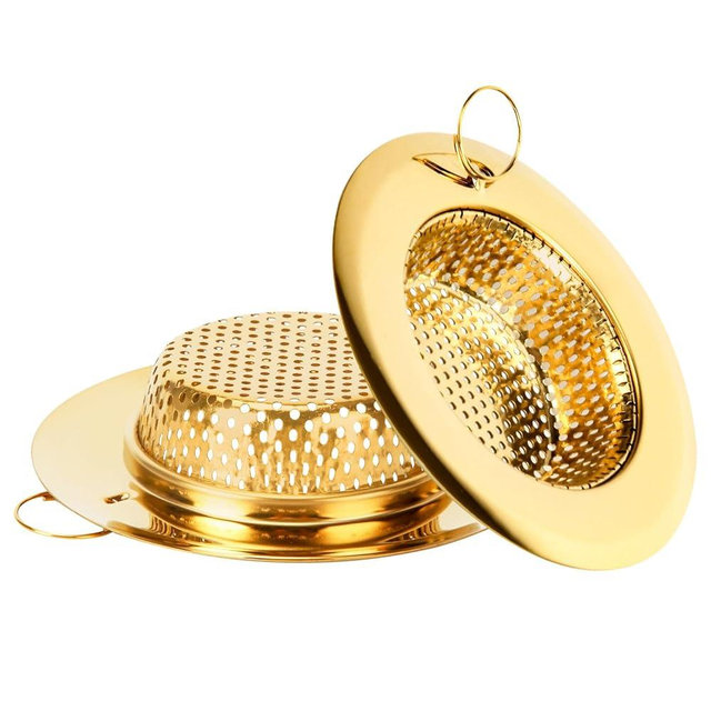Blueden 2 Pack Kitchen Sink Strainers with Pull Ring, Large Wide Rim of 4.33 Inches Diameter, Stainless Steel Drain Strainers basket for Kitchen Sink, Dishwasher Safe, Gold