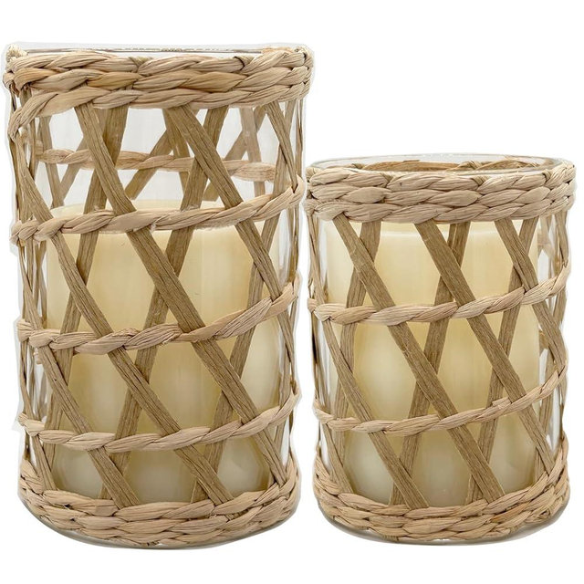 Rattan Woven Tea Light Candle Holder Set of 2 Decorative Vintage Rustic Wicker Votive Glass Candle Lantern, Natural Seagrass Hand Woven Pillar Candle Holder Hurricane Tealight Candle Holder