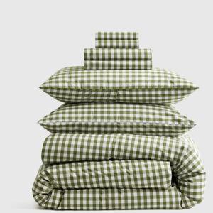 Organic Crisp Percale Gingham Deluxe Bedding Bundle - Olive, King