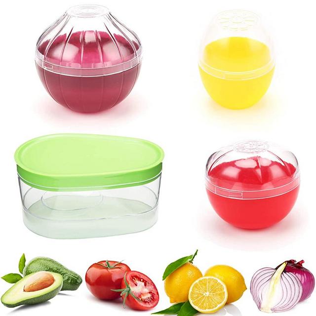 Fruit and Vegetable Storage Containers for Fridge 4 Piece Set, Onion, Lemon, Tomato and Avocado Saver/Holder/Keeper