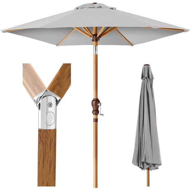 Best Choice Products 10ft Market Umbrella, Outdoor Sun Shade for Backyard, Deck, Poolside, Table w/Woodgrain Pattern, Easy Tilt & Crank - Fog Gray