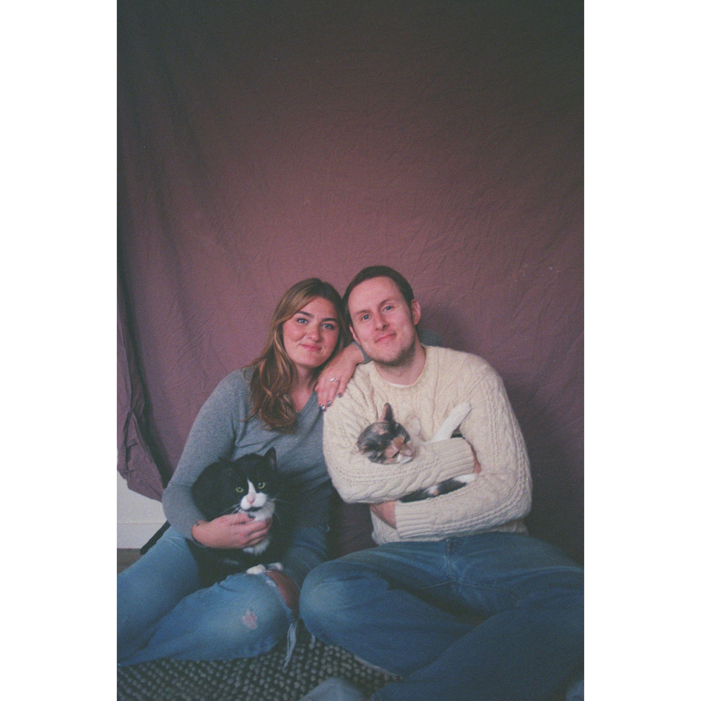 Our engagement shoot at home, we nailed a duvet cover to the wall to use as a backdrop, our friend Amanda took these!