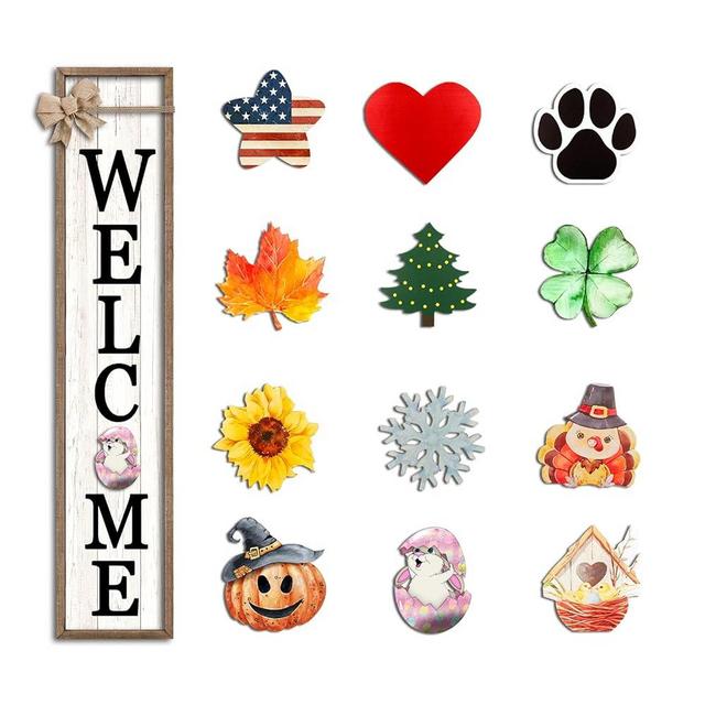 Interchangeable Welcome Sign for Front Porch Standing 45"X9" Large with 12 Pcs Replaceable Icons Outdoor Decorations Frame Tall Vertical Outside Farmhouse Rustic Door Decor (Wood)