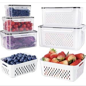 5 PCS Large Fruit Containers for Fridge - Leakproof Food Storage Containers with Removable Colander - Dishwasher & microwave safe Produce Containers Keep Fruits, Vegetables, Berry, Meat Fresh longer