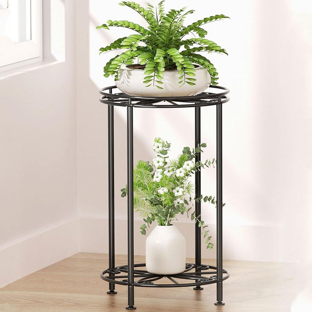 Josmimic Plant Stand 2-Tier 10.2in Width 16.4in Tall Flower Pot Rack Small Plant Table Metal For Indoor Outdoor