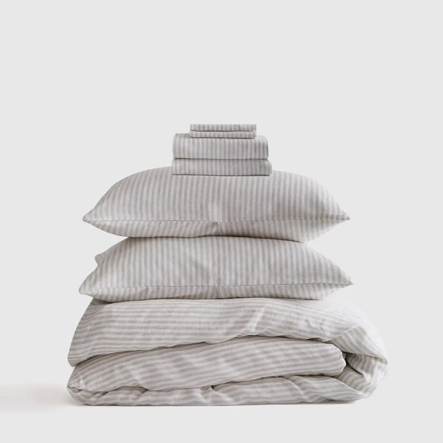 European Linen Stripe Bedding Bundle (Queen, Mist/White stripe)