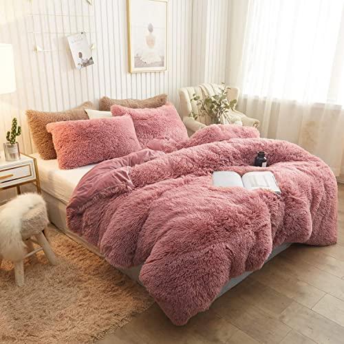 XeGe Plush Shaggy Duvet Cover Luxury Ultra Soft Crystal Velvet Bedding Set 1PC(1 Faux Fur Duvet Cover),Zipper Closure(Queen,Old Pink)
