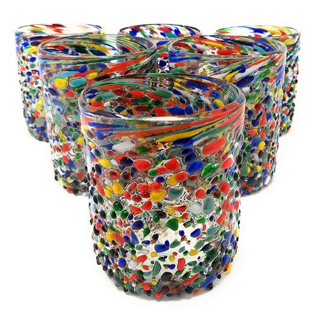 Hand Blown Mexican Drinking Glasses – Set of 6 Confetti Rock Tumbler Glasses (10 oz each)