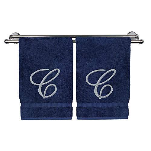 Monogrammed Hand Towel, Personalized Gift, 16 x 30 Inches - Set of 2 - Silver Embroidered Towel - Extra Absorbent 100% Turkish Cotton- Soft Terry Finish - for Bathroom, Kitchen and Spa- Script C Navy