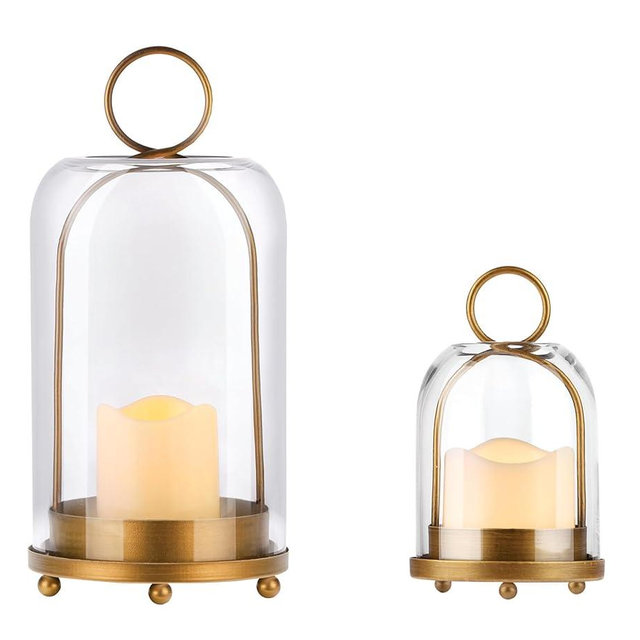 6" & 4" Wide Versatile Modern Metal Hurricane Lantern with Handmade Sturdy Glass Dome in Vintage Brass for Pillar Candle & Plants, Industrial, Farmhouse, Shabby Chic (Brass, 4"x7.5" &6.3"x11.2")