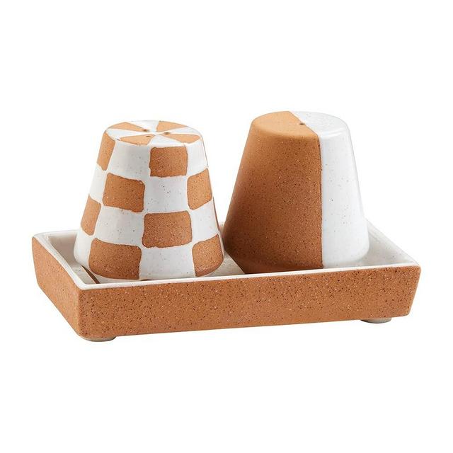 Mud Pie Terracotta S And P Set; Shaker 2 1/2" X 2 1/4" Dia | Tray _" X 5", Brown