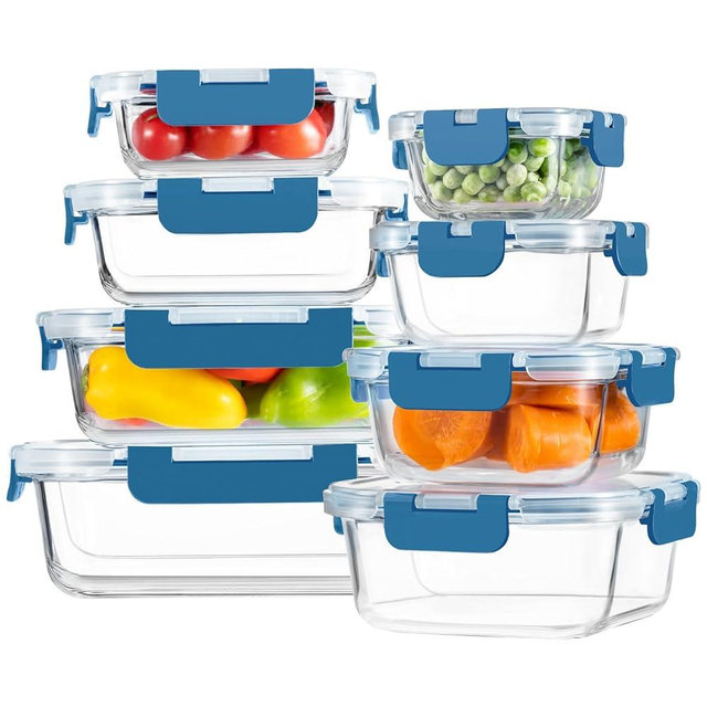 HOMBERKING 8 Pack Glass Food Storage Containers with Lids, Meal Prep Containers, Airtight Bento Boxes with Leak Proof Locking for Microwave, Oven, Freezer and Dishwasher, BPA Free, 5-35oz, Deep blue