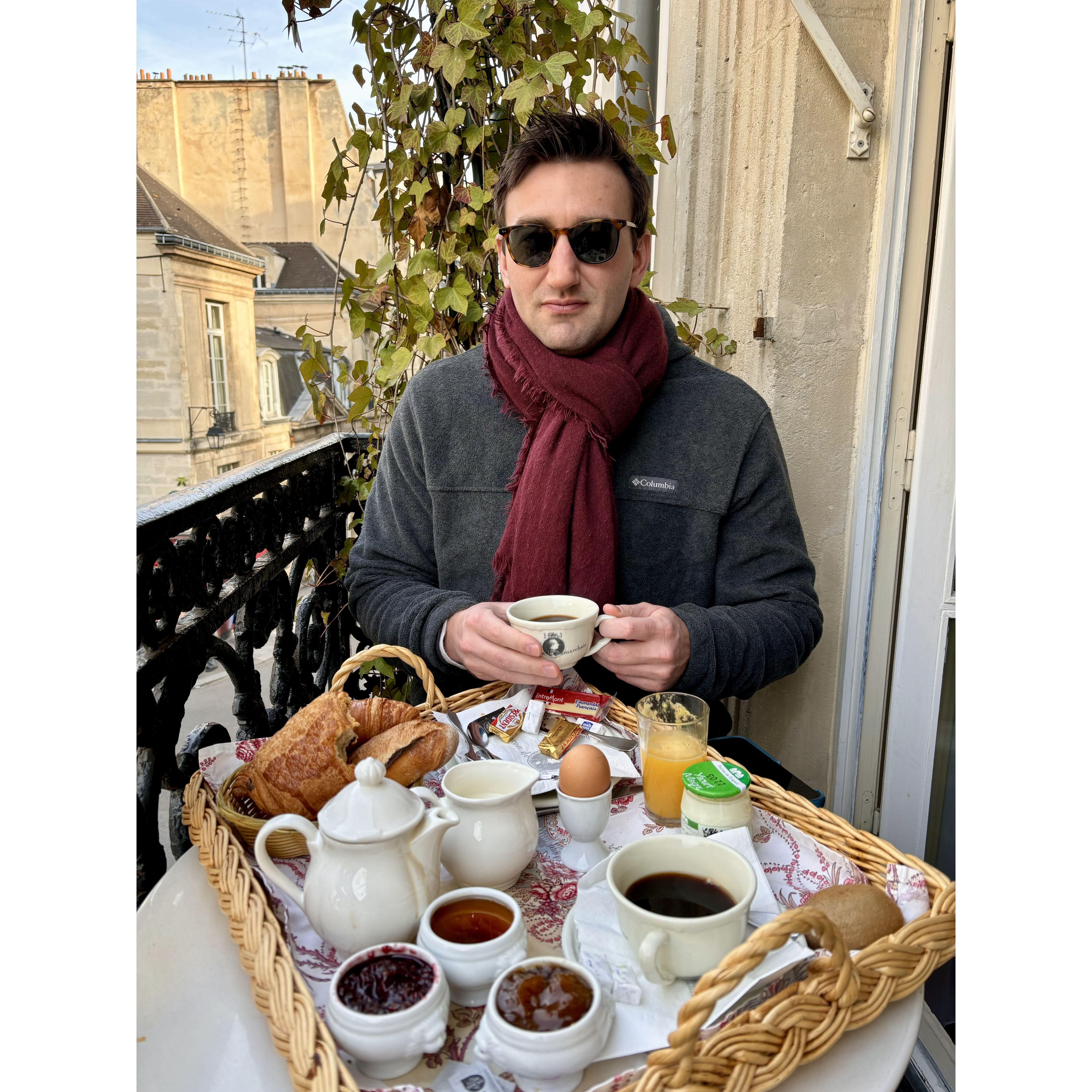 Enjoying morning coffee and pastries the morning after Connor proposed.