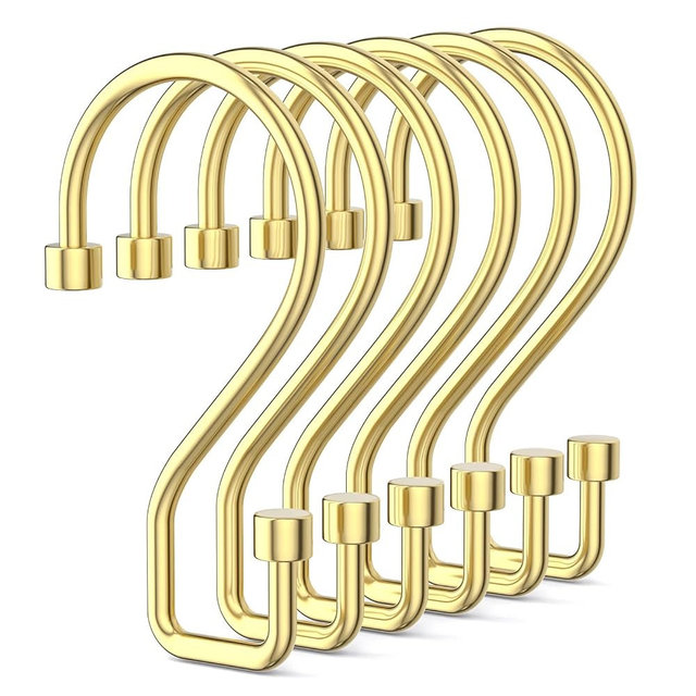 Goowin Shower Curtain Hooks, 12 Pcs S Shape Shower Curtain Rings, Rustproof Gold Shower Curtain Hooks, Multi-Functional Shower Hooks for Shower Curtain, Kitchen Utensils, Clothing, Towels, Gold